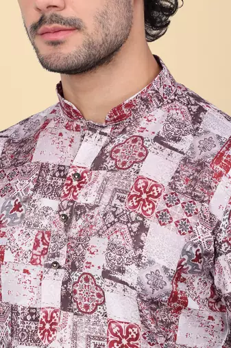 Men cotton maroon abstract printed kurta with elastic waistband pyjama