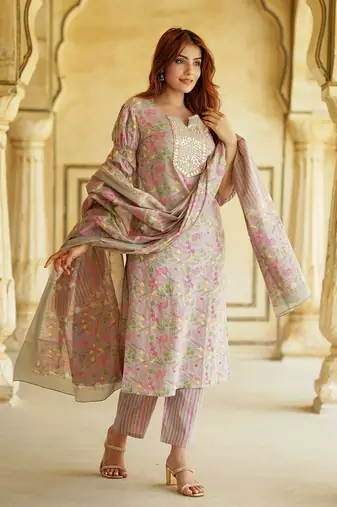 women mauve straight kurta pant dupatta set