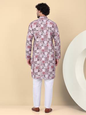 Men cotton maroon abstract printed kurta with elastic waistband pyjama 3