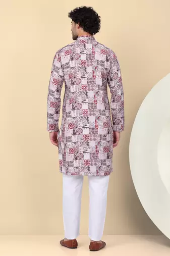 Men cotton maroon abstract printed kurta with elastic waistband pyjama