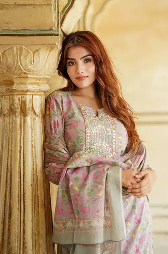women mauve straight kurta pant dupatta set