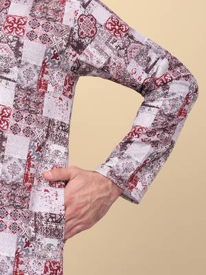 Men cotton maroon abstract printed kurta with elastic waistband pyjama 4