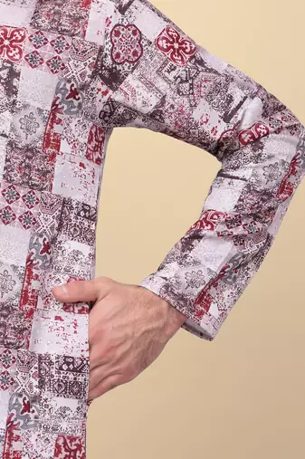 Men cotton maroon abstract printed kurta with elastic waistband pyjama