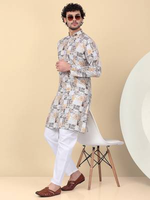 Men cotton yellow abstract printed kurta with elastic waistband pyjama 1