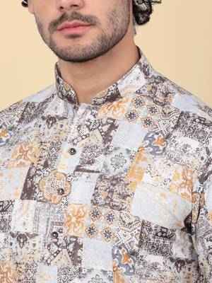 Men cotton yellow abstract printed kurta with elastic waistband pyjama 2