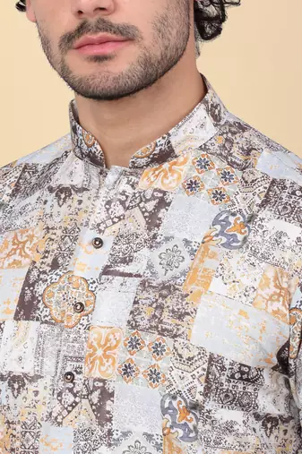Men cotton yellow abstract printed kurta with elastic waistband pyjama