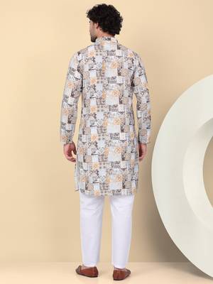 Men cotton yellow abstract printed kurta with elastic waistband pyjama 3