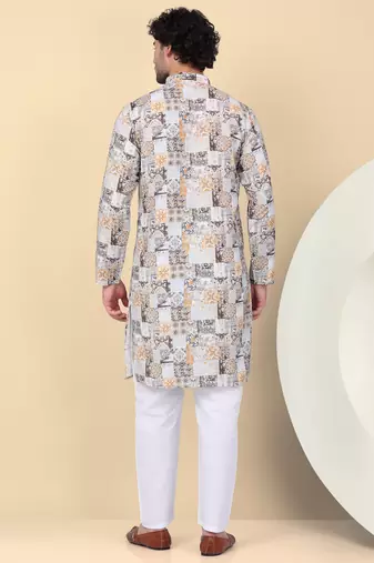 Men cotton yellow abstract printed kurta with elastic waistband pyjama