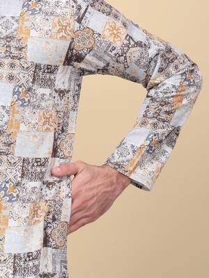 Men cotton yellow abstract printed kurta with elastic waistband pyjama 4