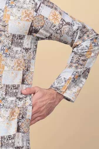 Men cotton yellow abstract printed kurta with elastic waistband pyjama