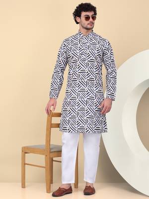 Men cotton blue and white geometric printed kurta with elastic waistband pyjama 1
