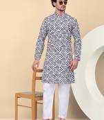 Men cotton blue and white geometric printed kurta with elastic waistband pyjama