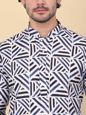Men cotton blue and white geometric printed kurta with elastic waistband pyjama 2