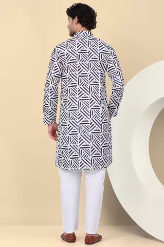 Men cotton blue and white geometric printed kurta with elastic waistband pyjama