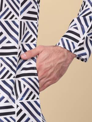 Men cotton blue and white geometric printed kurta with elastic waistband pyjama 4