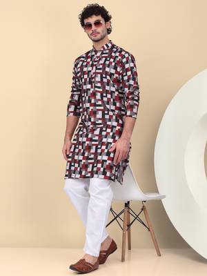 Men cotton maroon and black geometric printed kurta with elastic waistband pyjama 1