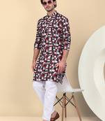Men cotton maroon and black geometric printed kurta with elastic waistband pyjama