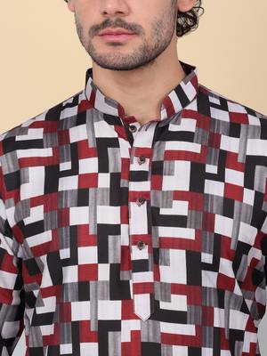 Men cotton maroon and black geometric printed kurta with elastic waistband pyjama 2