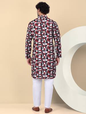 Men cotton maroon and black geometric printed kurta with elastic waistband pyjama 3