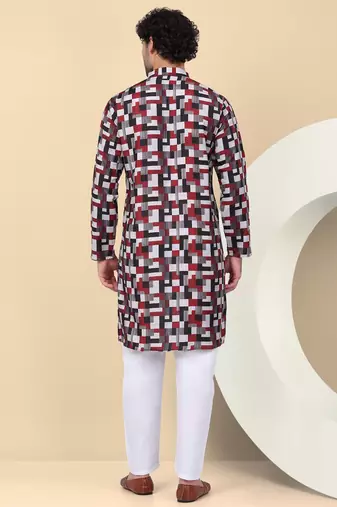 Men cotton maroon and black geometric printed kurta with elastic waistband pyjama