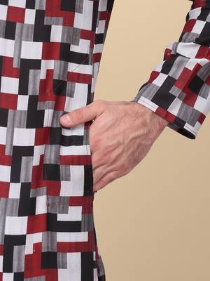 Men cotton maroon and black geometric printed kurta with elastic waistband pyjama 4