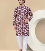 Men cotton purple and beige geometric printed kurta with elastic waistband pyjama