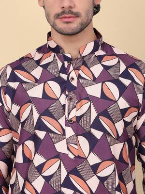 Men cotton purple and beige geometric printed kurta with elastic waistband pyjama 2