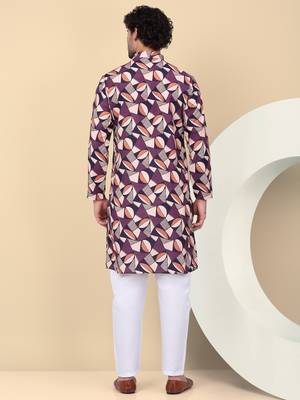 Men cotton purple and beige geometric printed kurta with elastic waistband pyjama 3