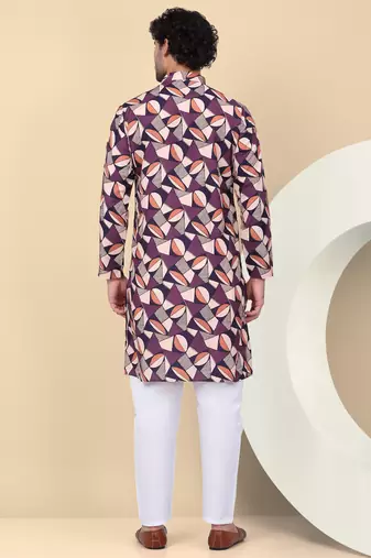 Men cotton purple and beige geometric printed kurta with elastic waistband pyjama