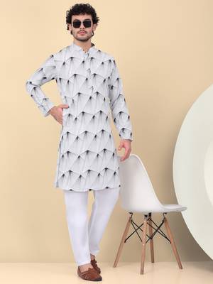 Men cotton white and black geometric printed kurta with elastic waistband pyjama 1