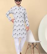 Men cotton white and black geometric printed kurta with elastic waistband pyjama