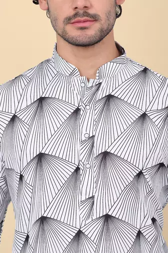 Men cotton white and black geometric printed kurta with elastic waistband pyjama