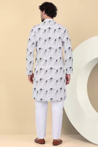 Men cotton white and black geometric printed kurta with elastic waistband pyjama