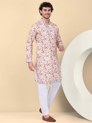 Men linen beige floral printed kurta with elastic waistband pyjama 1