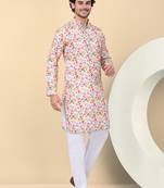 Men linen beige floral printed kurta with elastic waistband pyjama