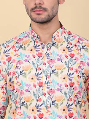 Men linen beige floral printed kurta with elastic waistband pyjama 2