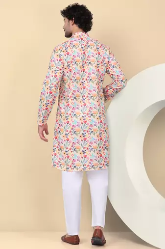 Men linen beige floral printed kurta with elastic waistband pyjama