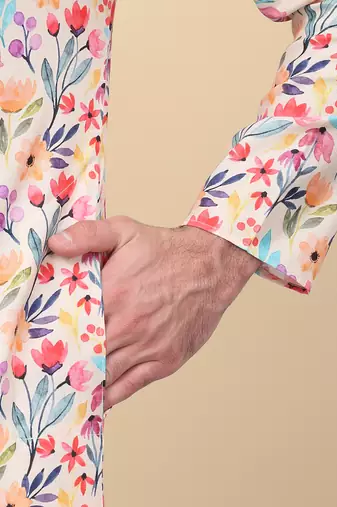 Men linen beige floral printed kurta with elastic waistband pyjama