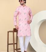 Men linen pink floral printed kurta with elastic waistband pyjama