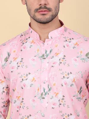 Men linen pink floral printed kurta with elastic waistband pyjama 2
