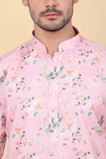 Men linen pink floral printed kurta with elastic waistband pyjama