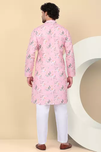 Men linen pink floral printed kurta with elastic waistband pyjama