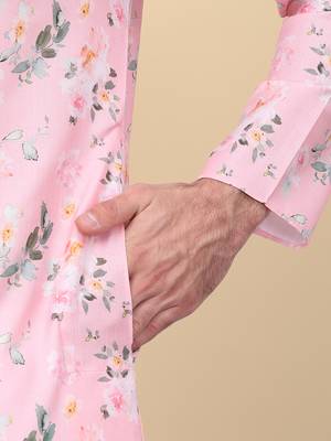 Men linen pink floral printed kurta with elastic waistband pyjama 4