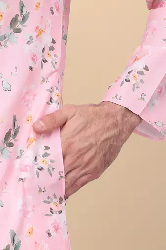 Men linen pink floral printed kurta with elastic waistband pyjama