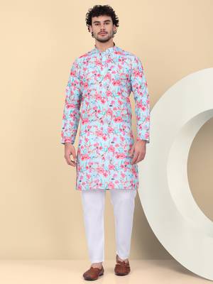 Men linen sky blue floral printed kurta with elastic waistband pyjama 1
