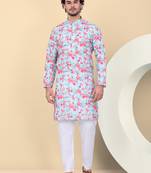 Men linen sky blue floral printed kurta with elastic waistband pyjama