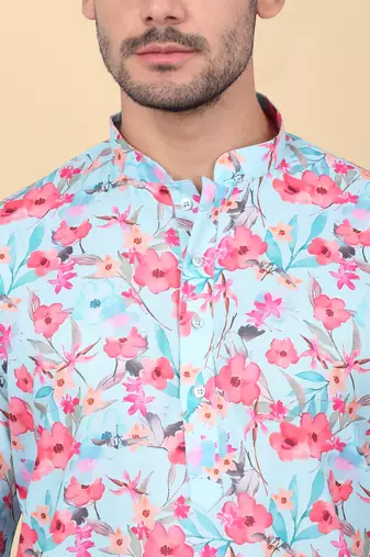 Men linen sky blue floral printed kurta with elastic waistband pyjama