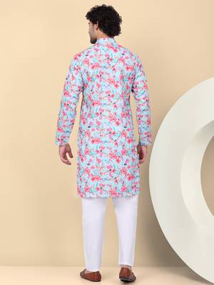 Men linen sky blue floral printed kurta with elastic waistband pyjama 3