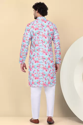 Men linen sky blue floral printed kurta with elastic waistband pyjama