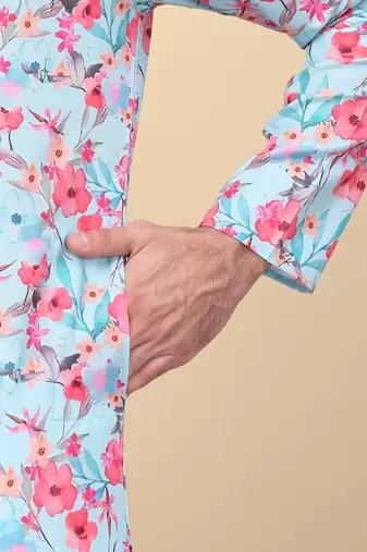 Men linen sky blue floral printed kurta with elastic waistband pyjama